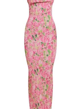 Pink Floral Pleated Maxi Slip Dress
